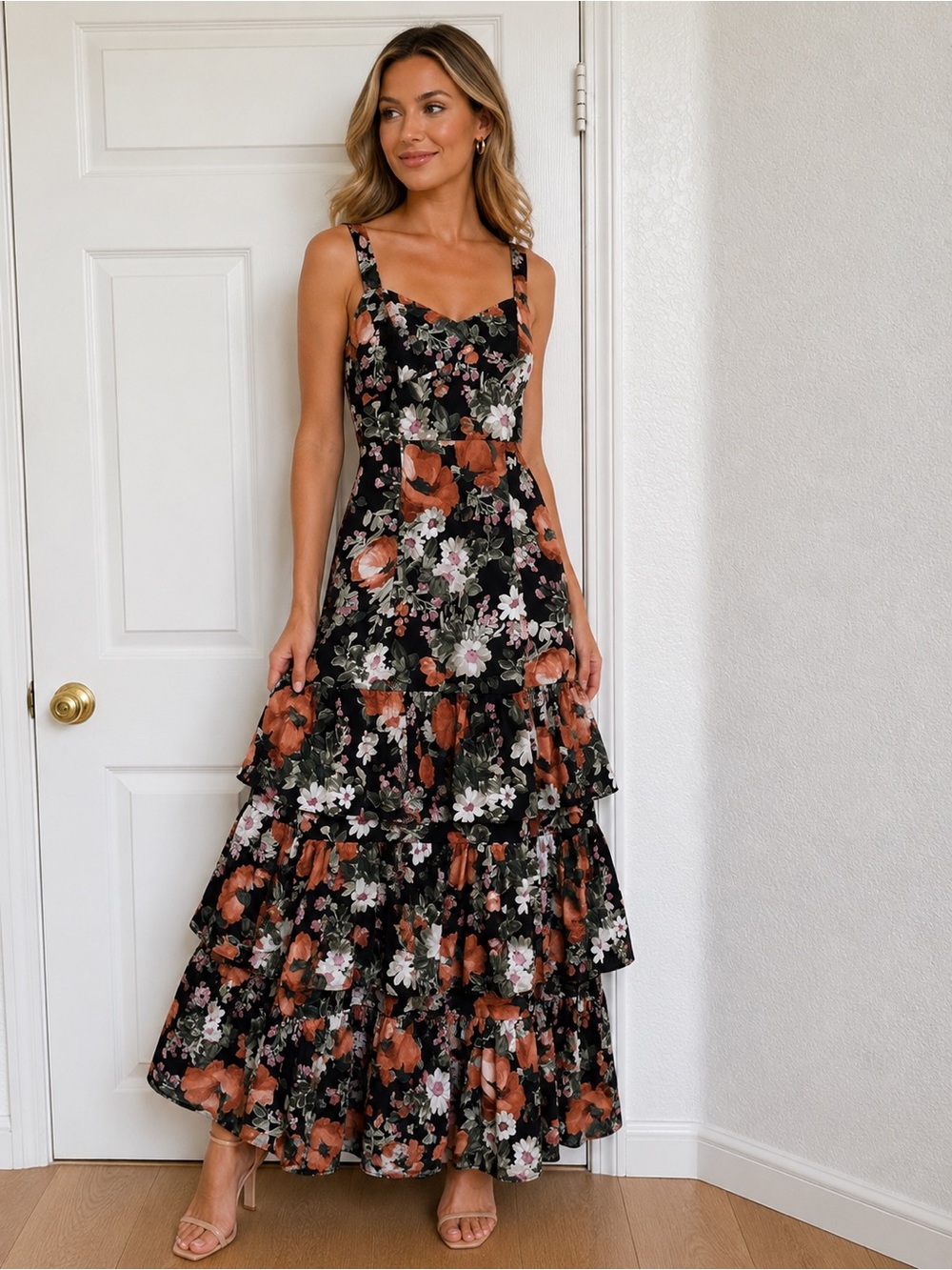 Abercrombie & Fitch Floral Tiered Ruffle Maxi Dress Black Pink Green Orange XS - Picture 1 of 10